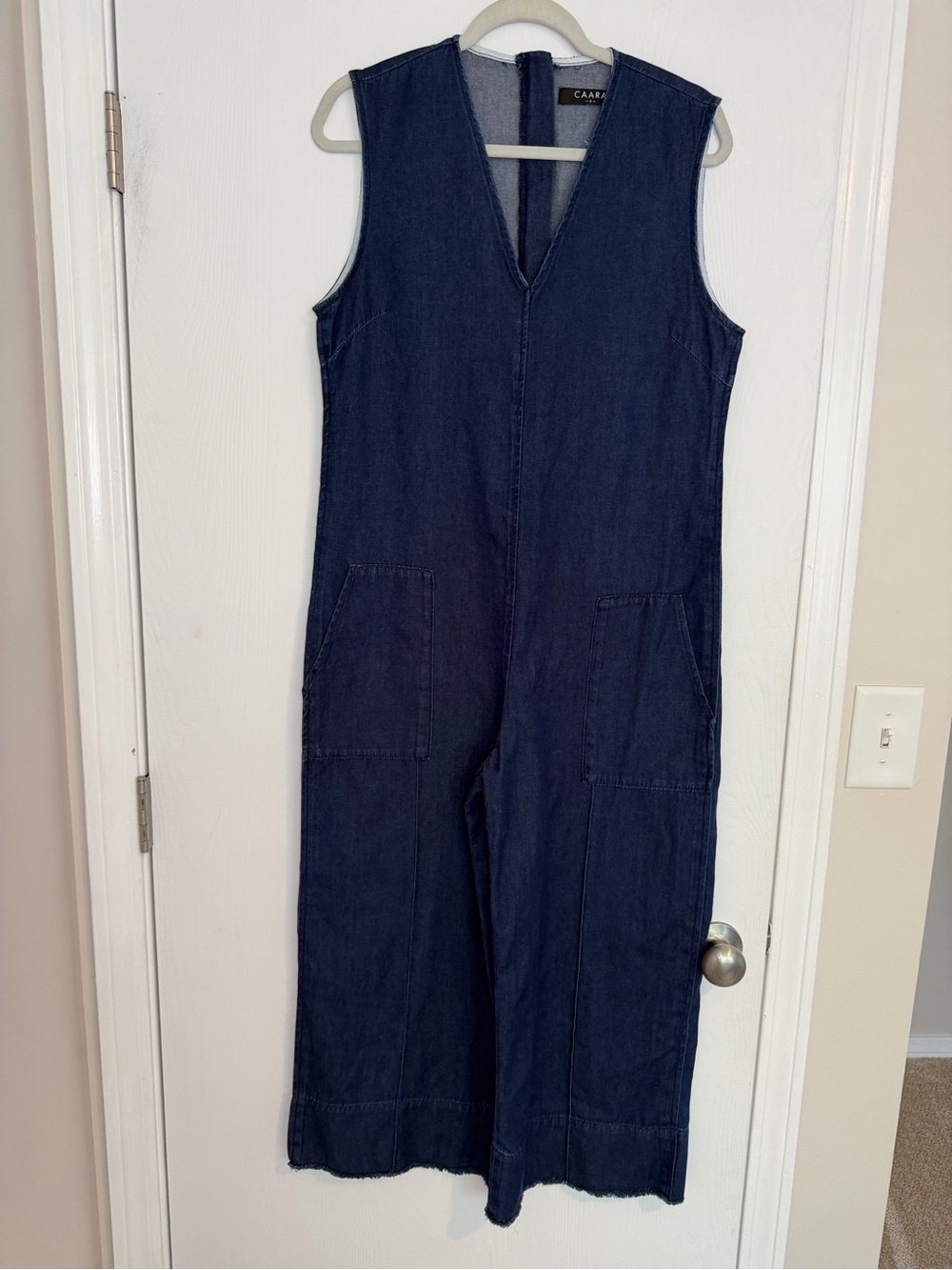 CAARA Denim Sleeveless Wide Leg Jumpsuit in Medium Wash, Western Cowgirl